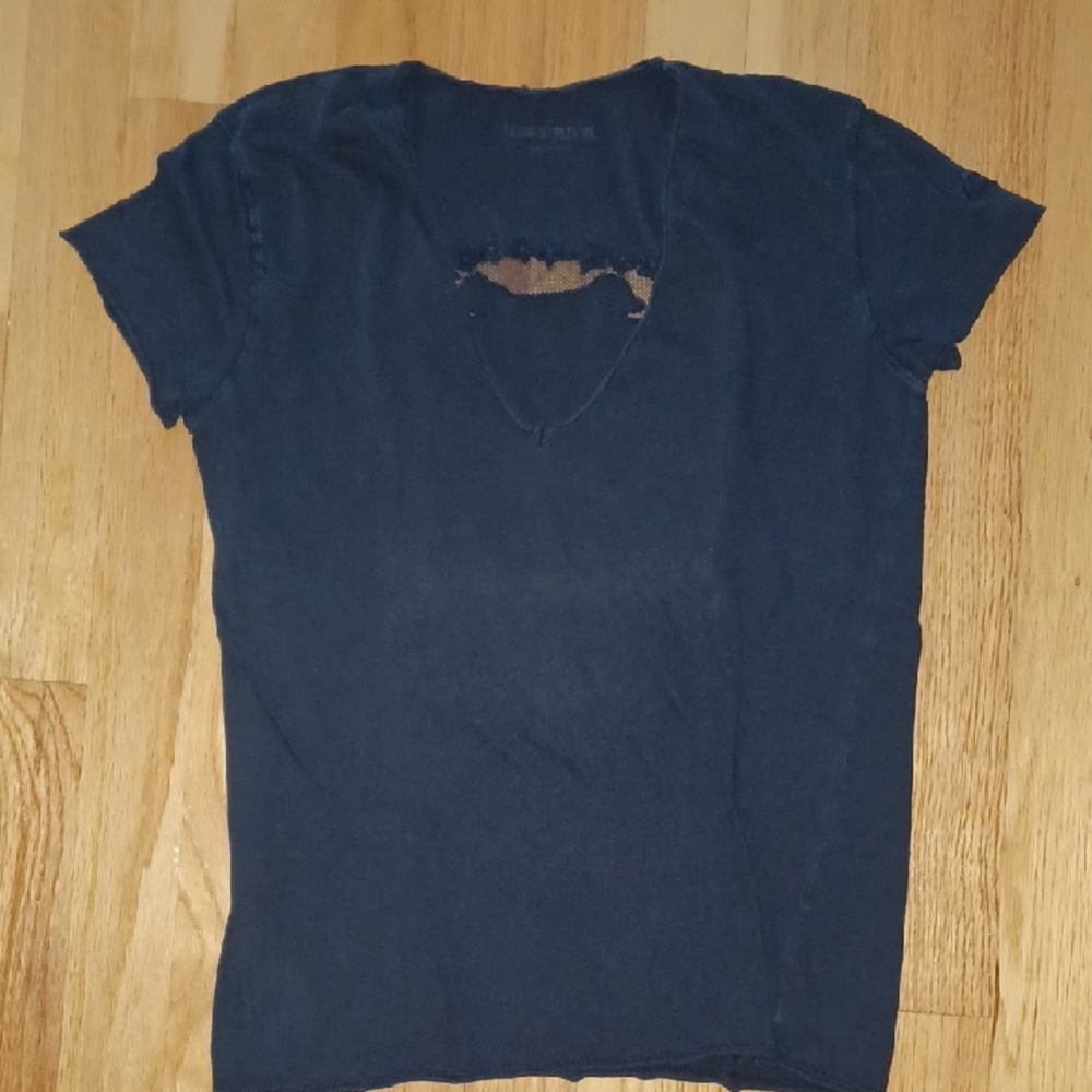Zadig Et Volataire Navy V Neck Tee, With Sheer Skull Aplique